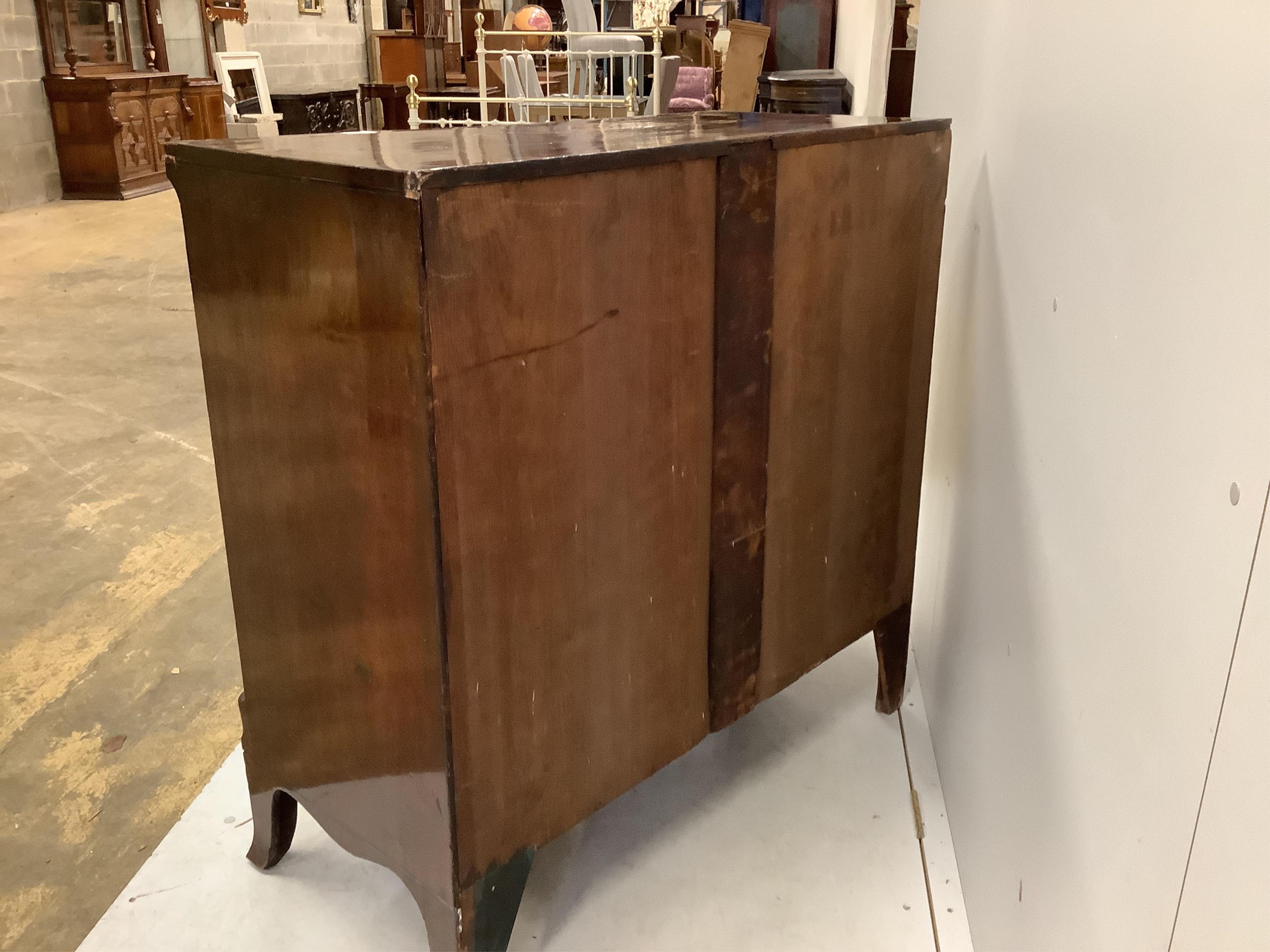 An early Victorian crossbanded mahogany chest of two short and three long drawers, with brass oval loop handles, width 105cm, depth 48cm, height 104cm. Condition - poor to fair